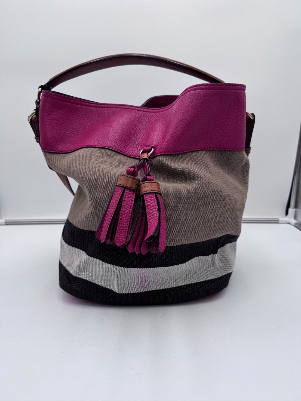Burberry Ashby Check Canvas Pink Leather Tassel Bucket Shoulder Bag